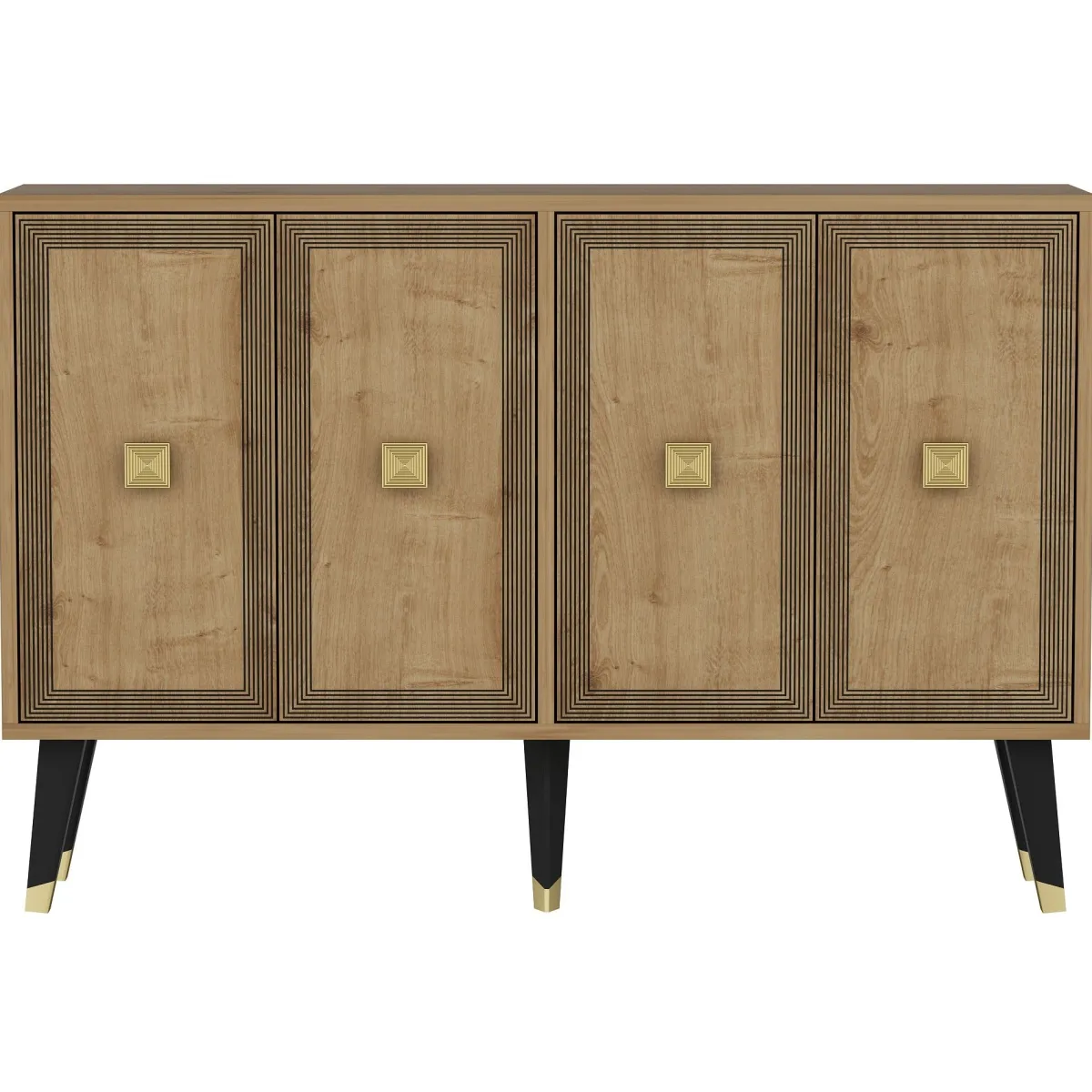 Madie|Credenze > Dmora Credenza Marrone Rovere oro 2 Ripiani 4 Vani 120x30x80h cm, 4 Ante - Luino Oro, Marrone Rovere