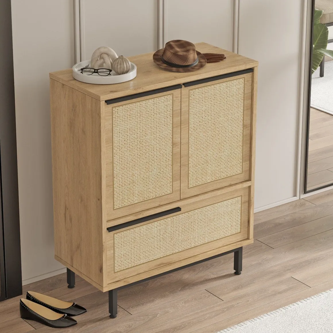 Madie|Credenze > Dmora Credenza 3 Ripiani Apertura Battente 182x44x90h cm, 3 Ante - Malosco Marrone Rovere