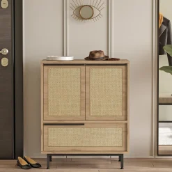 Madie|Credenze > Dmora Credenza 3 Ripiani Apertura Battente 182x44x90h cm, 3 Ante - Malosco Marrone Rovere