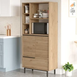 Madie|Credenze > Dmora Credenza 4 Ripiani 3 Ante 75x36x162h cm, 7 Vani - Cinisi Marrone Rovere