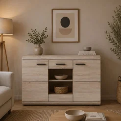 Credenza Marrone Rovere Trasparente 3 Ripiani Apertura Battente 120x42x87h cm, 3 Ante - Hami