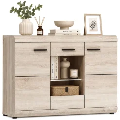 Credenza Marrone Rovere Trasparente 3 Ripiani Apertura Battente 120x42x87h cm, 3 Ante - Hami