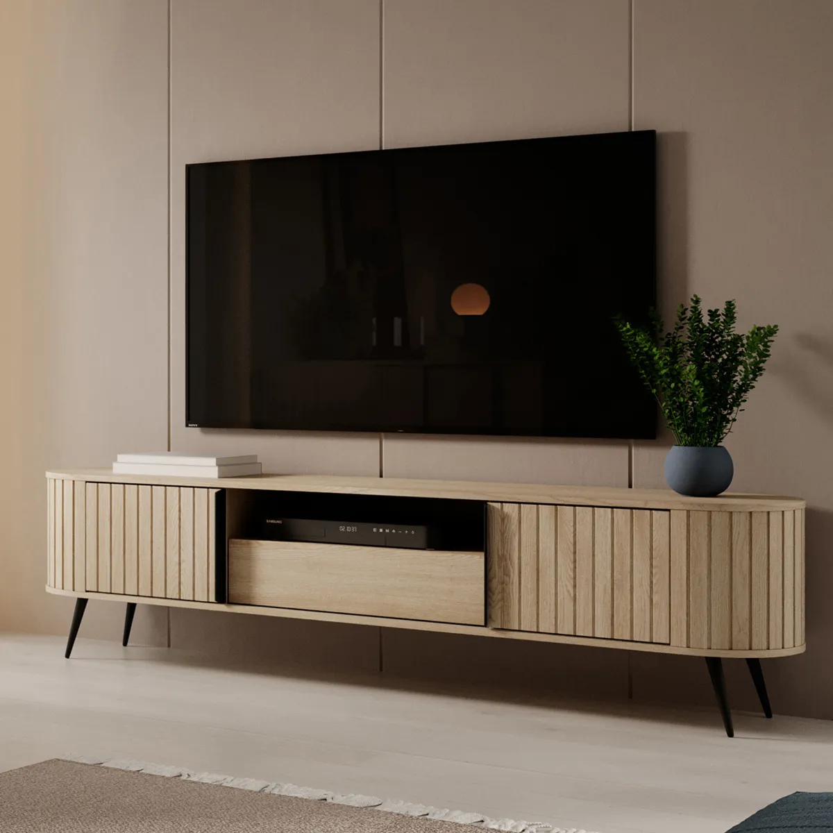 Credenze > Dmora Credenza un Cassetto 2 Ripiani 196x40x51h cm, Apertura Battente, Scorrevole - Hanotofa Marrone Rovere