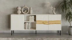 Madie|Credenze > Dmora Credenza Mestrino, 190x40 h80 cm, Beige e Rovere Nodi Beige Cashmere