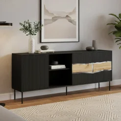 Credenza Mestrino, 190x40 h80 cm, Nero e Rovere Nodi