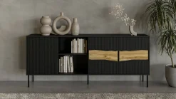 Credenza Mestrino, 190x40 h80 cm, Nero e Rovere Nodi