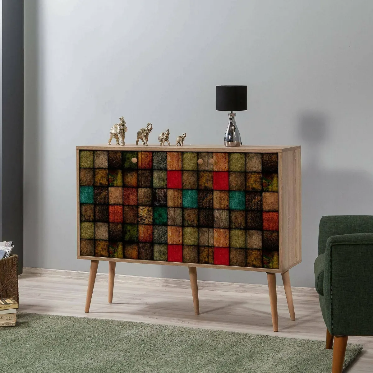 Cucina|Madie > Dmora Credenza mosaico 120x36x90h cm 3 ante - Arzumia Multicolore, Marrone Quercia