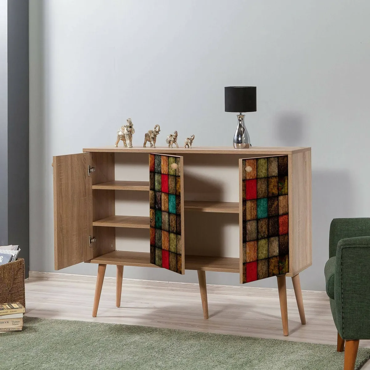 Cucina|Madie > Dmora Credenza mosaico 120x36x90h cm 3 ante - Arzumia Multicolore, Marrone Quercia