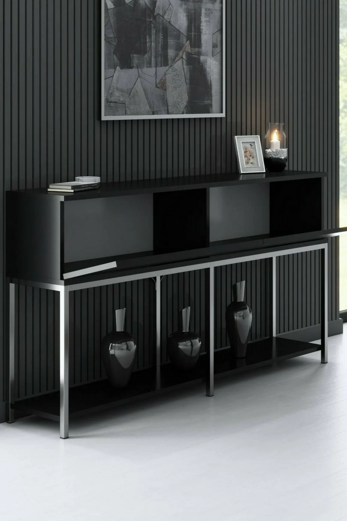 Credenza nera e argento 150x30x80h cm 2 ante - Basilia