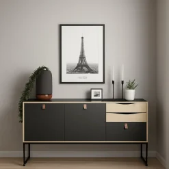 Madie|Credenze > Dmora Credenza nera e quercia 98x40x86h cm 1 anta e 3 cassetti - Molise Marrone, Nero Quercia