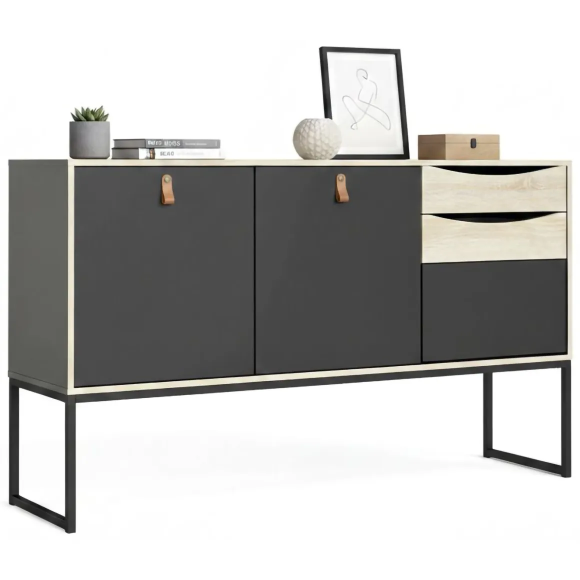 Madie|Credenze > Dmora Credenza nera e quercia 98x40x86h cm 1 anta e 3 cassetti - Molise Marrone, Nero Quercia