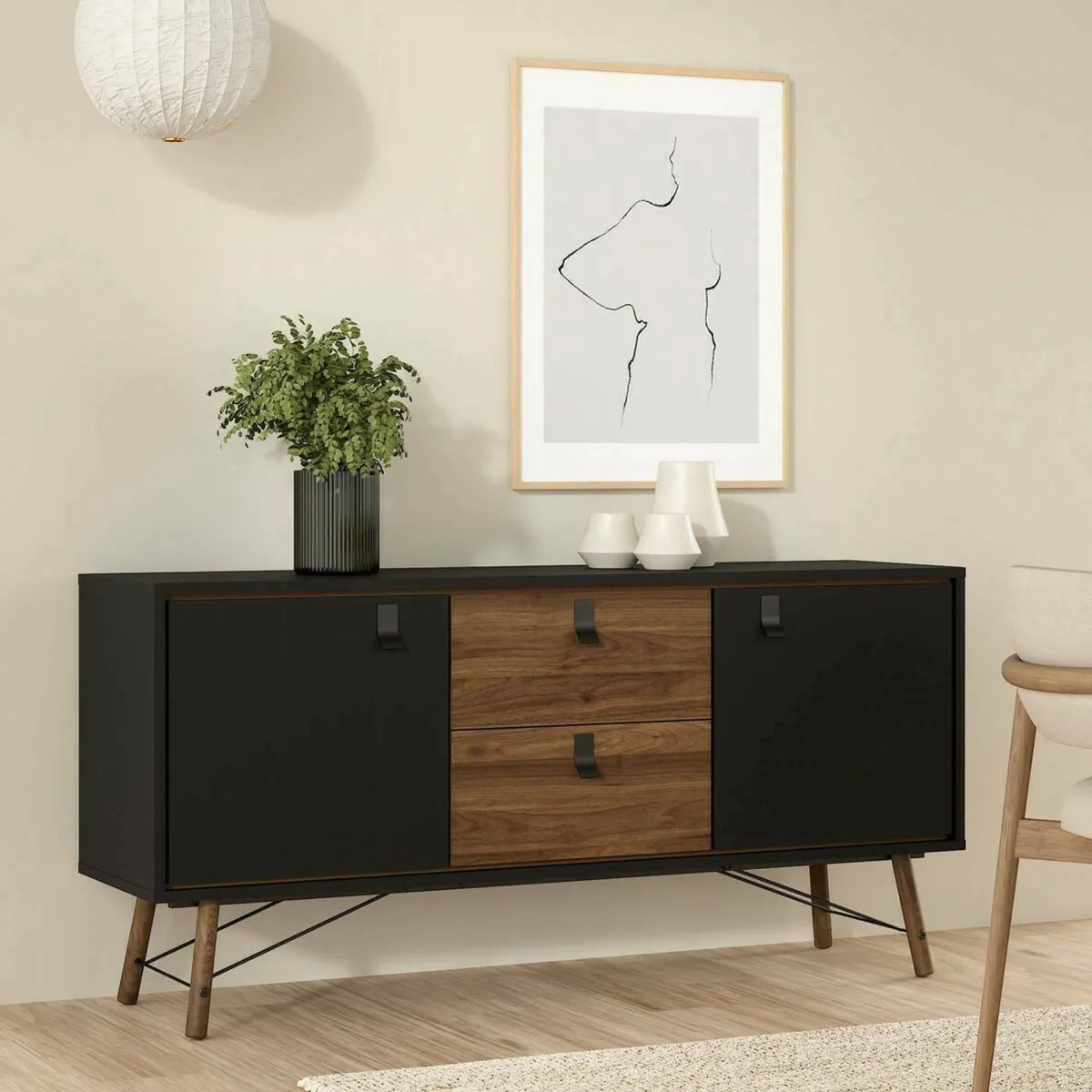 Madie|Credenze > Dmora Credenza nera,noce 150x40x72h cm 2 ante e 2 cassetti - Manyi Marrone, Nero Noce