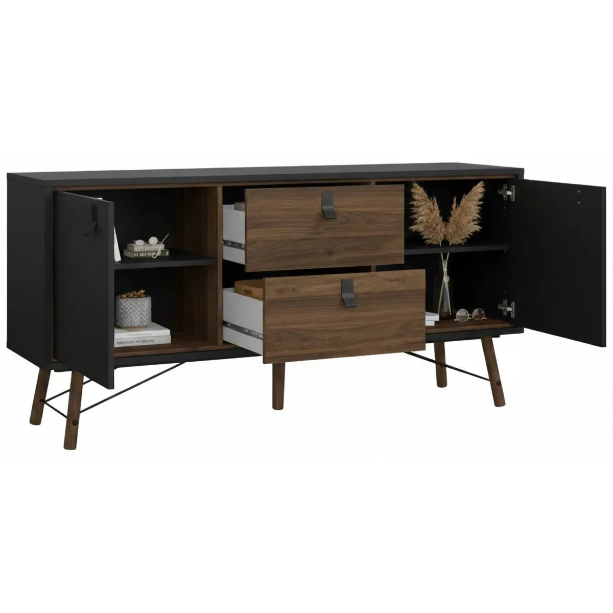 Madie|Credenze > Dmora Credenza nera,noce 150x40x72h cm 2 ante e 2 cassetti - Manyi Marrone, Nero Noce