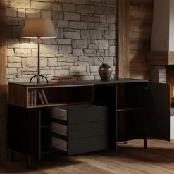 Madie|Credenze > Dmora Credenza nera,noce 175x48x89h cm 3 ante e 3 cassetti - Julie Marrone, Nero Noce