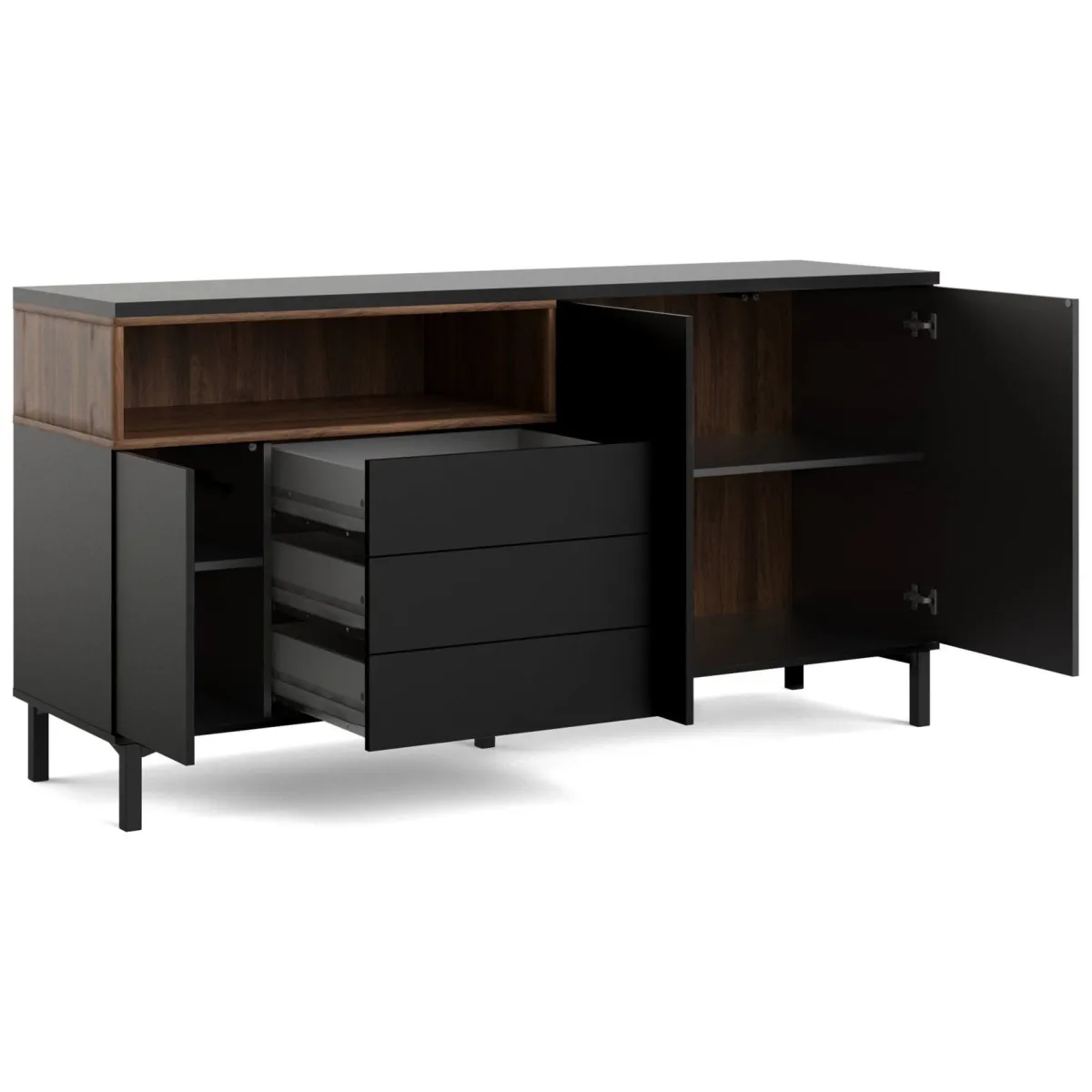 Madie|Credenze > Dmora Credenza nera,noce 175x48x89h cm 3 ante e 3 cassetti - Julie Marrone, Nero Noce