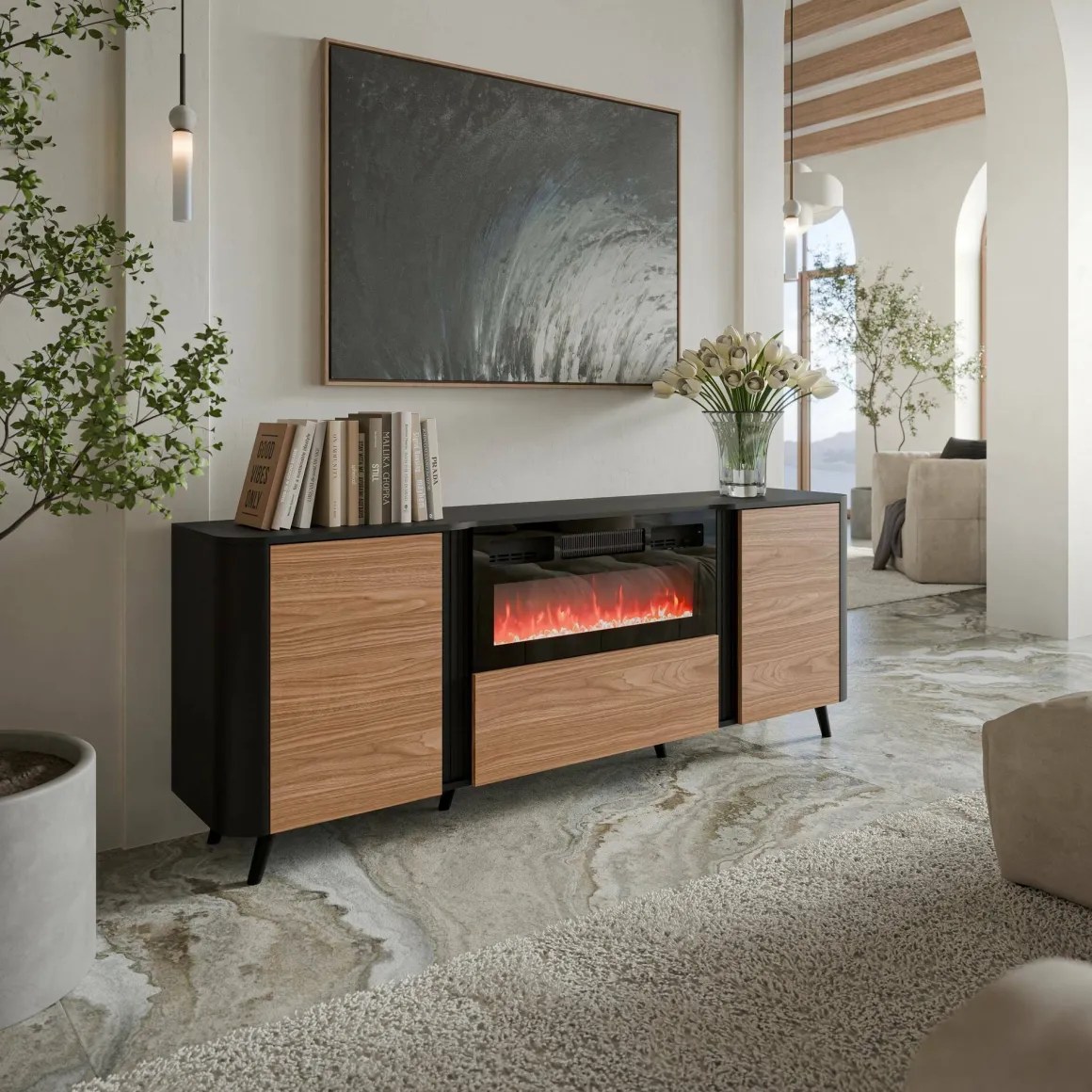 Madie|Credenze > Dmora Credenza nera,noce 88x36x118h cm 2 ante e 1 cassetto - Alfra Marrone, Nero Noce