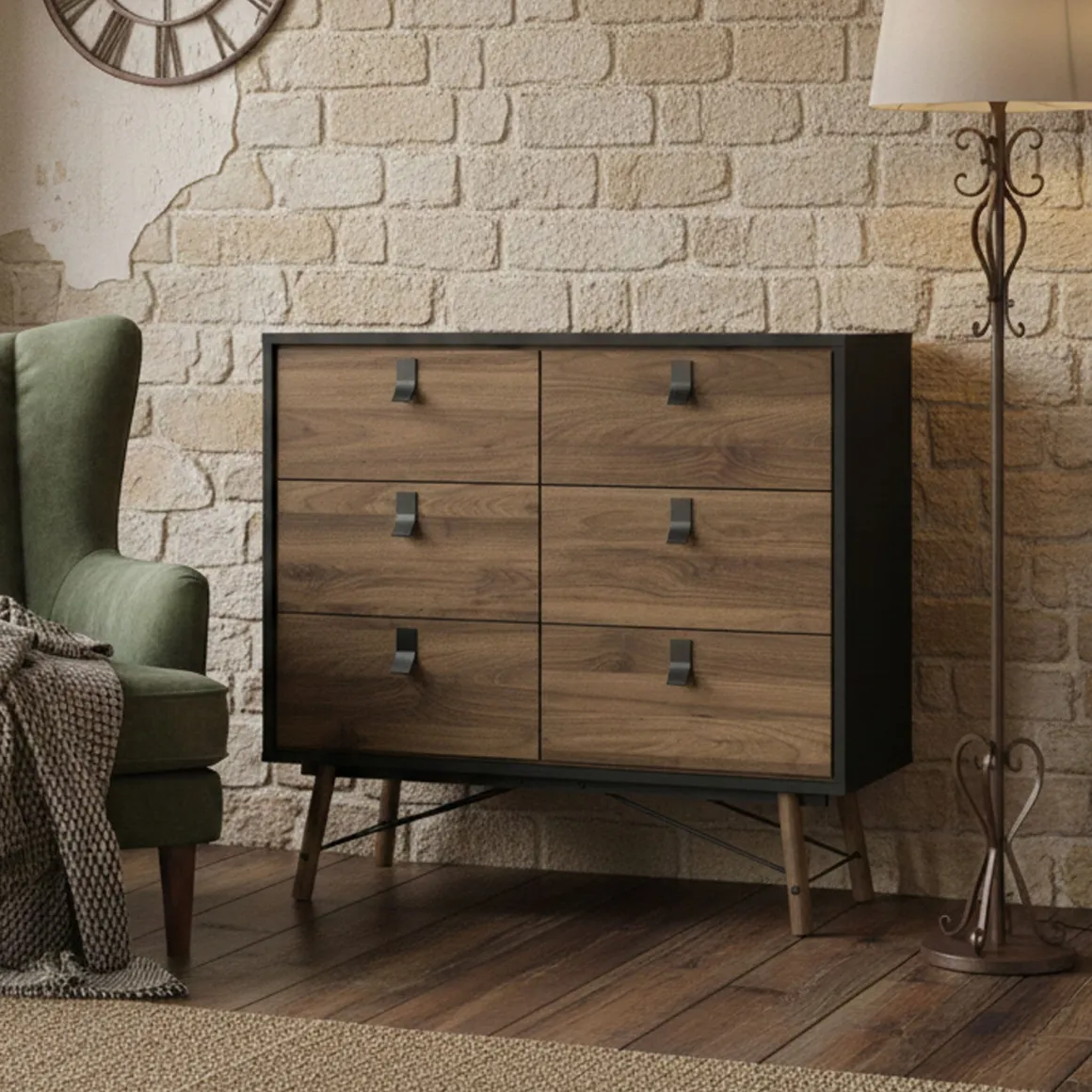 Credenza nera,noce 101x40x94h cm 6 cassetti - Maka