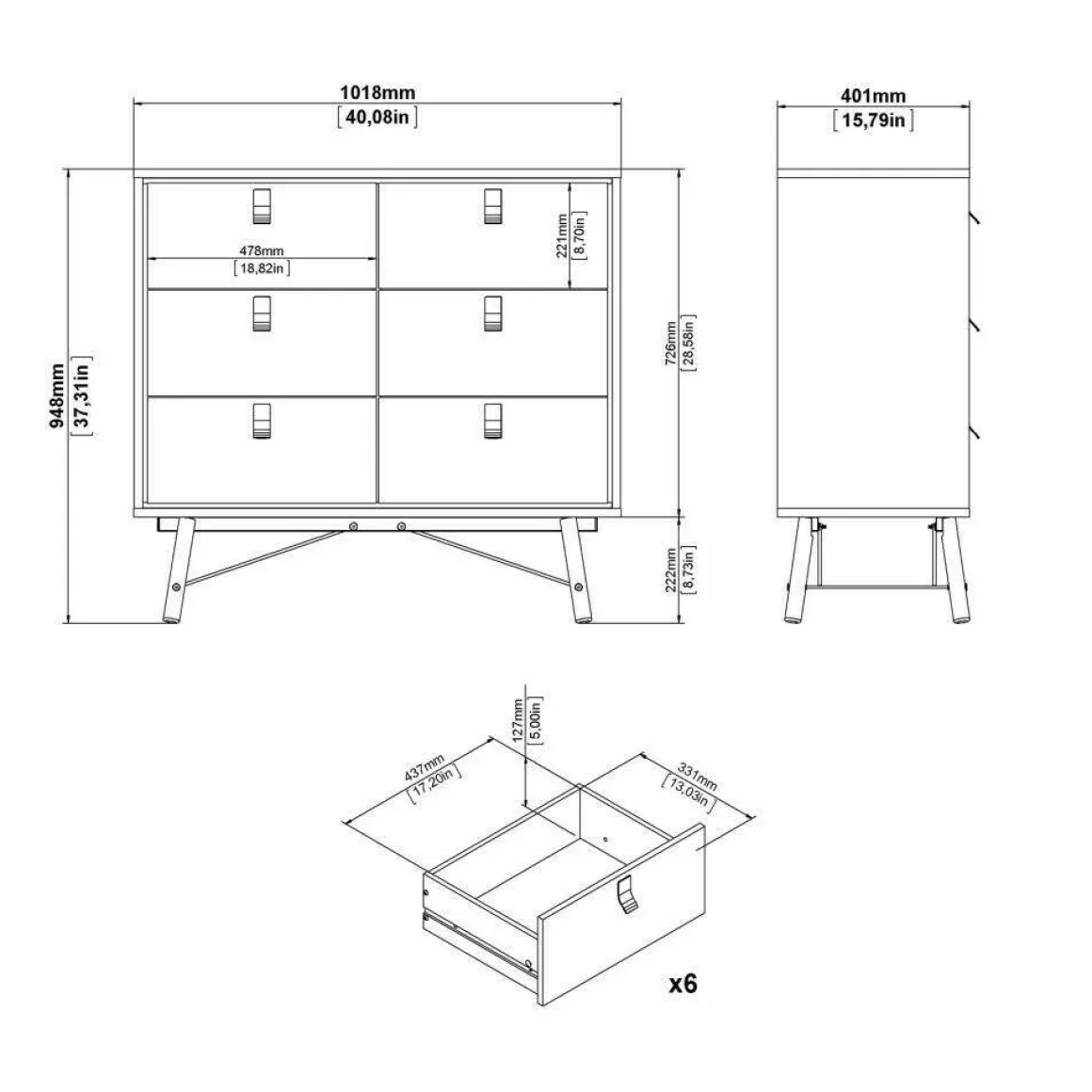 Credenza nera,noce 101x40x94h cm 6 cassetti - Maka
