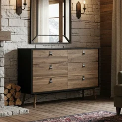 Credenza nera,noce 150x40x94h cm 6 cassetti - Anturio