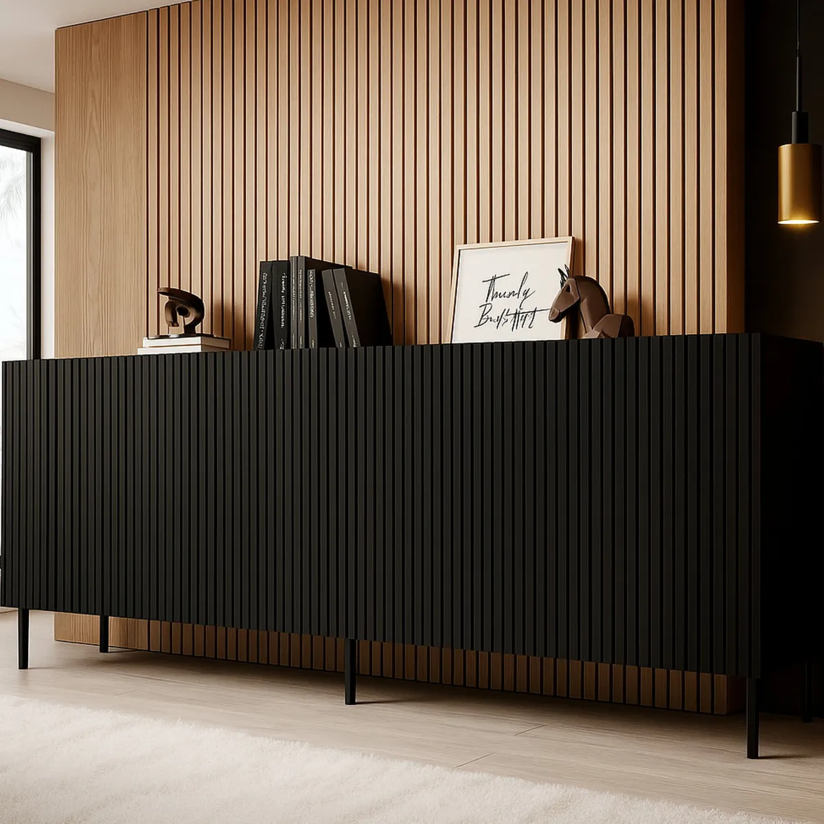 Madie|Credenze > Dmora Credenza nera 200x42x82h cm 4 ante - Corana Nero