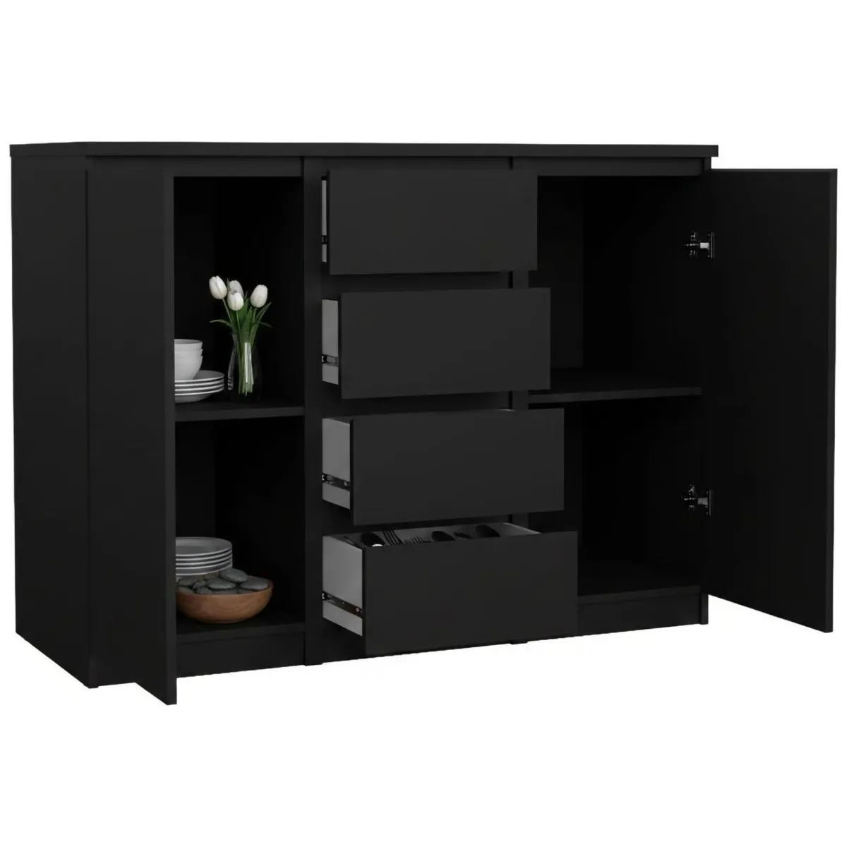 Madie|Credenze > Dmora Credenza nera 120x50x90h cm 2 ante e 4 cassetti - Angelika Nero