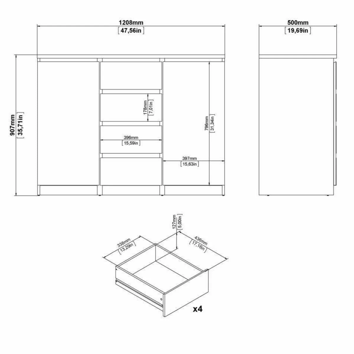 Madie|Credenze > Dmora Credenza nera 120x50x90h cm 2 ante e 4 cassetti - Angelika Nero