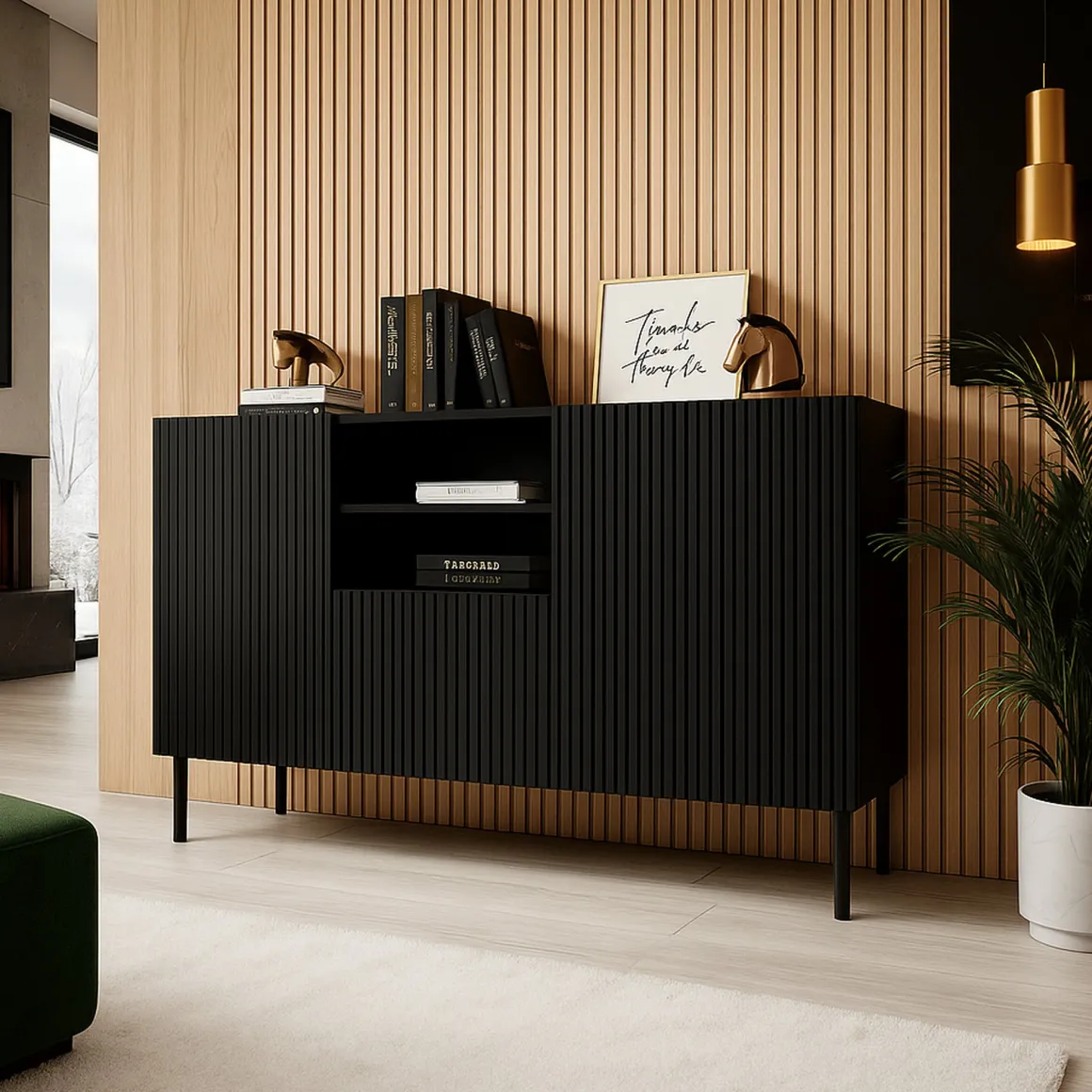 Madie|Credenze > Dmora Credenza nera 150x42x82h cm 2 ante e 1 cassetto - Stornara Nero