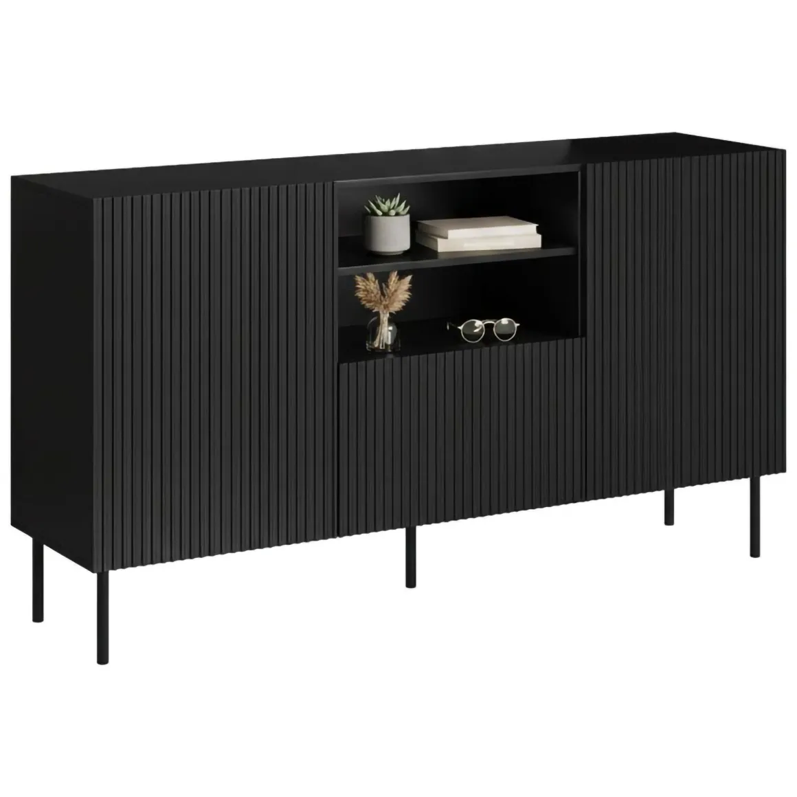 Madie|Credenze > Dmora Credenza nera 150x42x82h cm 2 ante e 1 cassetto - Stornara Nero