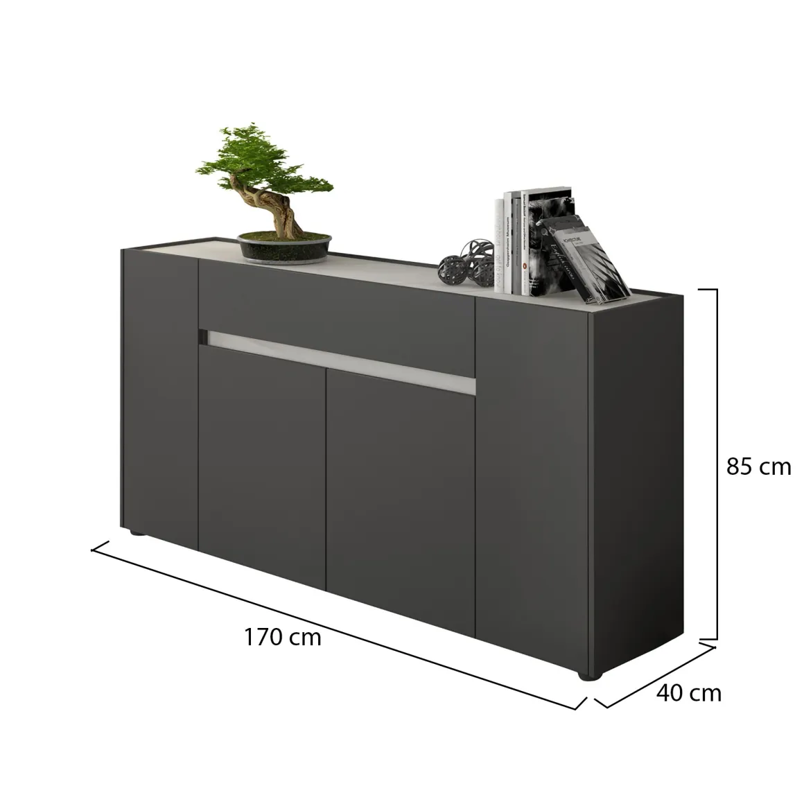 Credenza Nero Antracite Bianco un Cassetto 3 Ripiani 170x40x85h cm, Apertura Battente - Cirimido