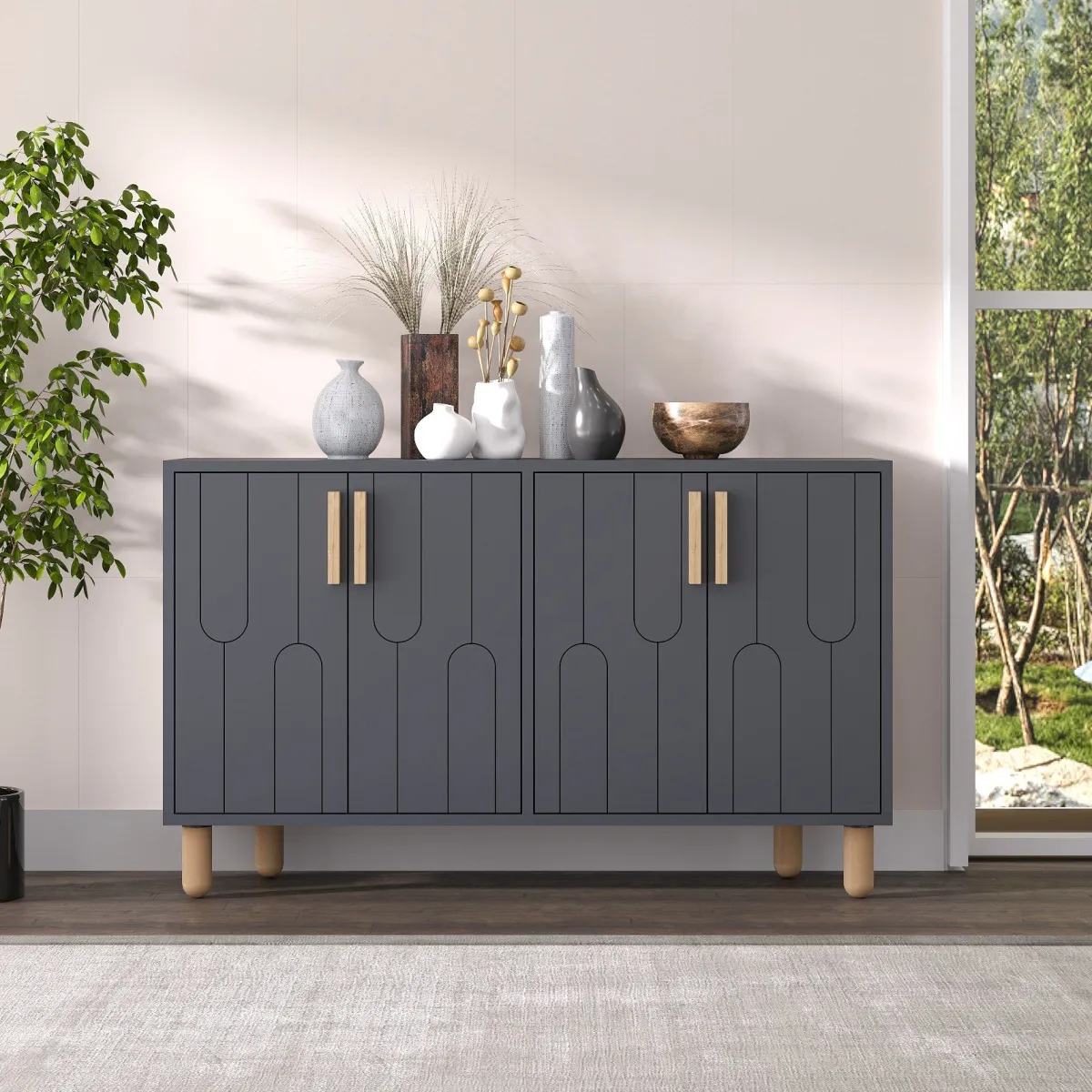 Madie|Credenze > Dmora Credenza Nero Antracite Marrone Rovere 2 Ripiani 4 Ante 120x30x74h cm, 4 Vani - Venerina Marrone Rovere, Nero Antracite