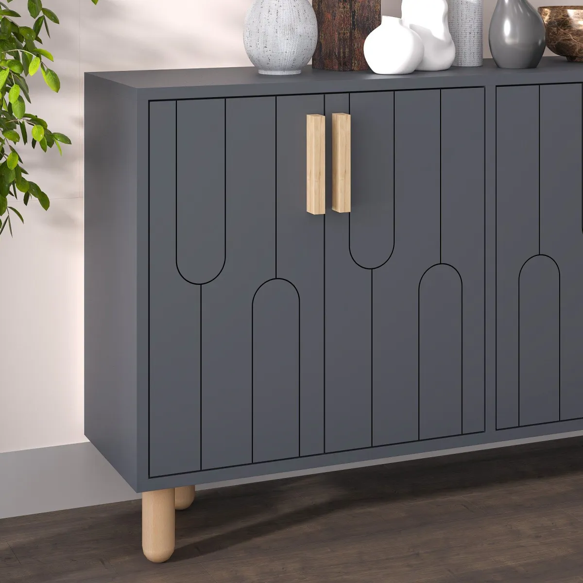 Madie|Credenze > Dmora Credenza Nero Antracite Marrone Rovere 2 Ripiani 4 Ante 120x30x74h cm, 4 Vani - Venerina Marrone Rovere, Nero Antracite