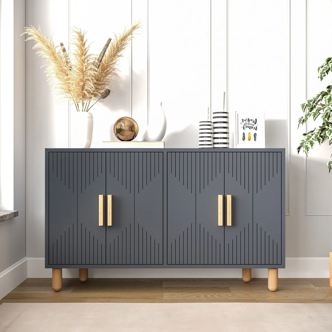 Madie|Credenze > Dmora Credenza Nero Antracite Marrone Rovere 3 Ripiani 4 Ante 180x45x75h cm, 6 Vani - Cisliano Marrone Rovere, Nero Antracite