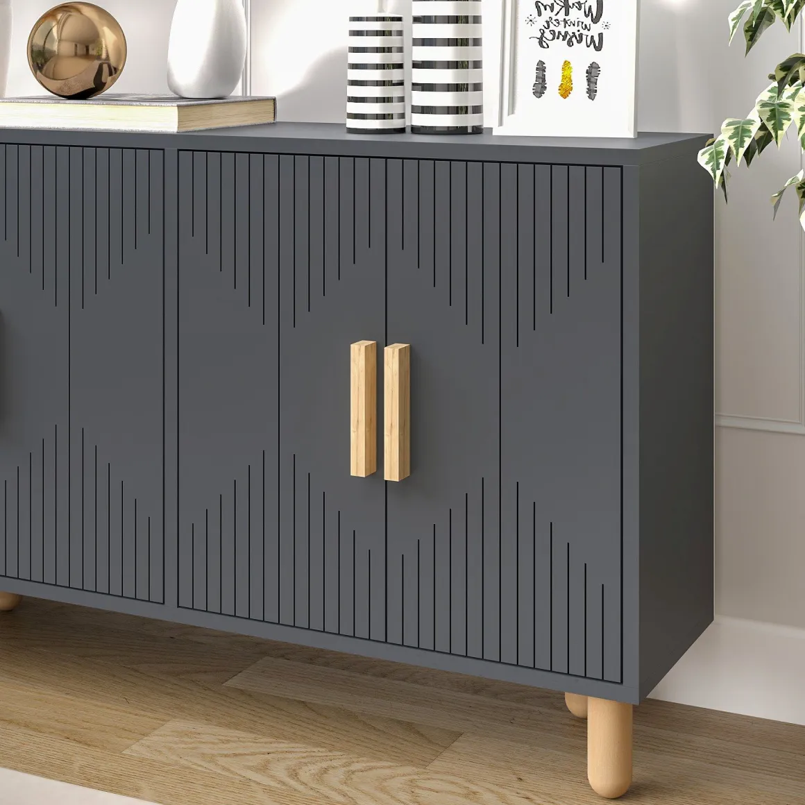 Madie|Credenze > Dmora Credenza Nero Antracite Marrone Rovere 3 Ripiani 4 Ante 180x45x75h cm, 6 Vani - Cisliano Marrone Rovere, Nero Antracite