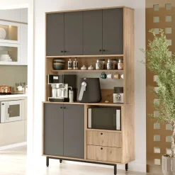 Credenza Nero Antracite Marrone Rovere 4 Ripiani 2 Cassetti 120x36x205h cm, 6 Ante - Pianella