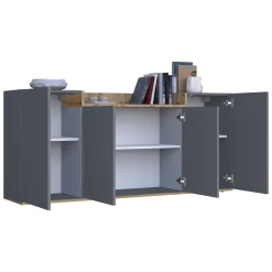 Credenze > Dmora Credenza Nero Antracite Marrone Rovere 6 Ripiani Apertura Battente 160x35x70h cm, 4 Ante Made in Italy - Swink Marrone Rovere, Nero Antracite
