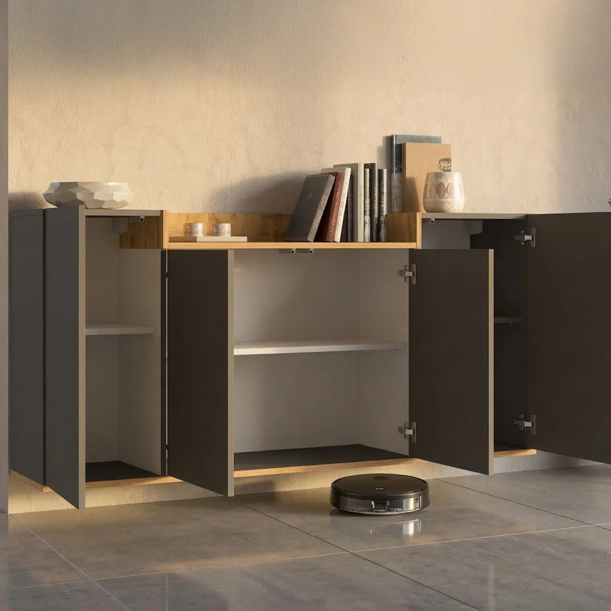Credenze > Dmora Credenza Nero Antracite Marrone Rovere 6 Ripiani Apertura Battente 160x35x70h cm, 4 Ante Made in Italy - Swink Marrone Rovere, Nero Antracite