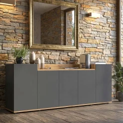 Credenza Nero Antracite Marrone Rovere 7 Ripiani Apertura Battente 200x35x70h cm, 5 Ante Made in Italy - Cordele