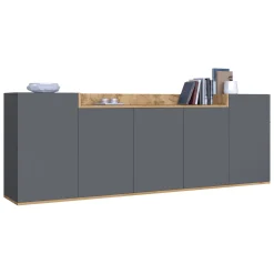 Credenza Nero Antracite Marrone Rovere 7 Ripiani Apertura Battente 200x35x70h cm, 5 Ante Made in Italy - Cordele