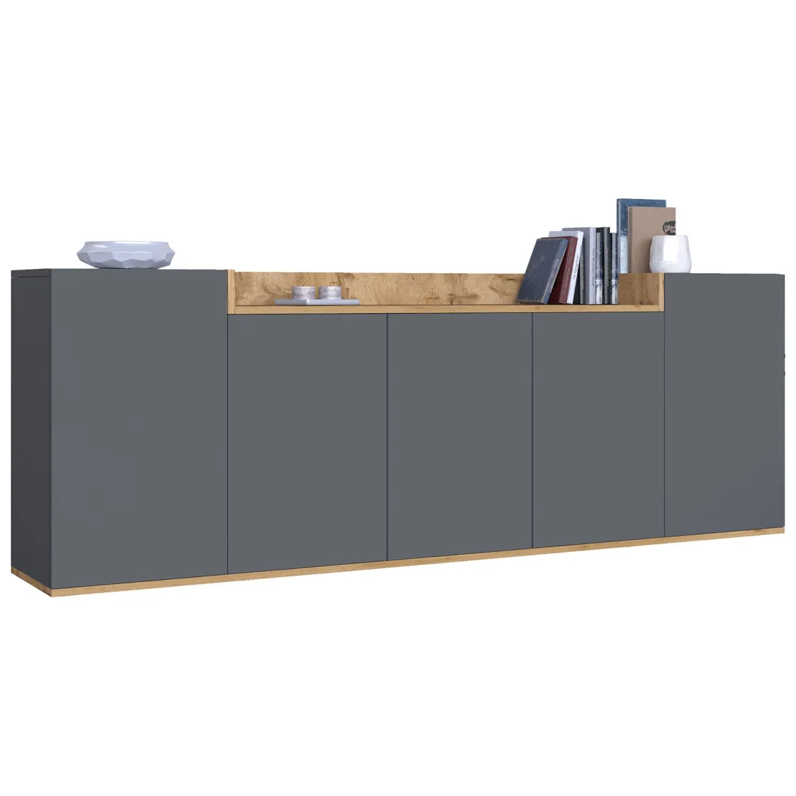 Credenza Nero Antracite Marrone Rovere 7 Ripiani Apertura Battente 200x35x70h cm, 5 Ante Made in Italy - Cordele