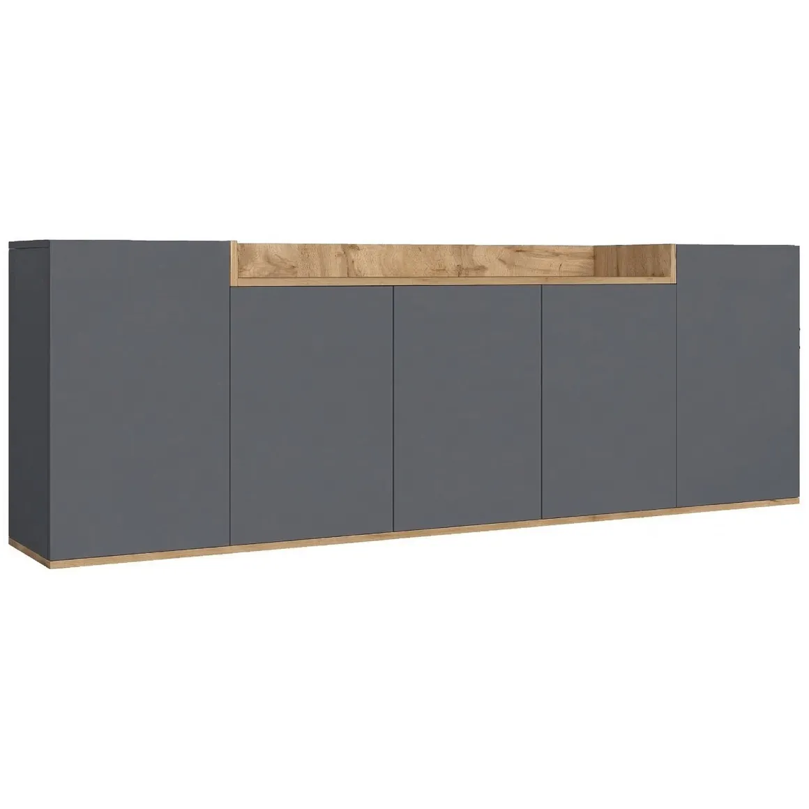 Credenza Nero Antracite Marrone Rovere 7 Ripiani Apertura Battente 200x35x70h cm, 5 Ante Made in Italy - Cordele