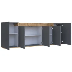 Credenza Nero Antracite Marrone Rovere 7 Ripiani Apertura Battente 200x35x70h cm, 5 Ante Made in Italy - Cordele