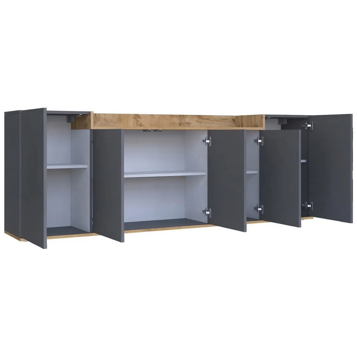 Credenza Nero Antracite Marrone Rovere 7 Ripiani Apertura Battente 200x35x70h cm, 5 Ante Made in Italy - Cordele