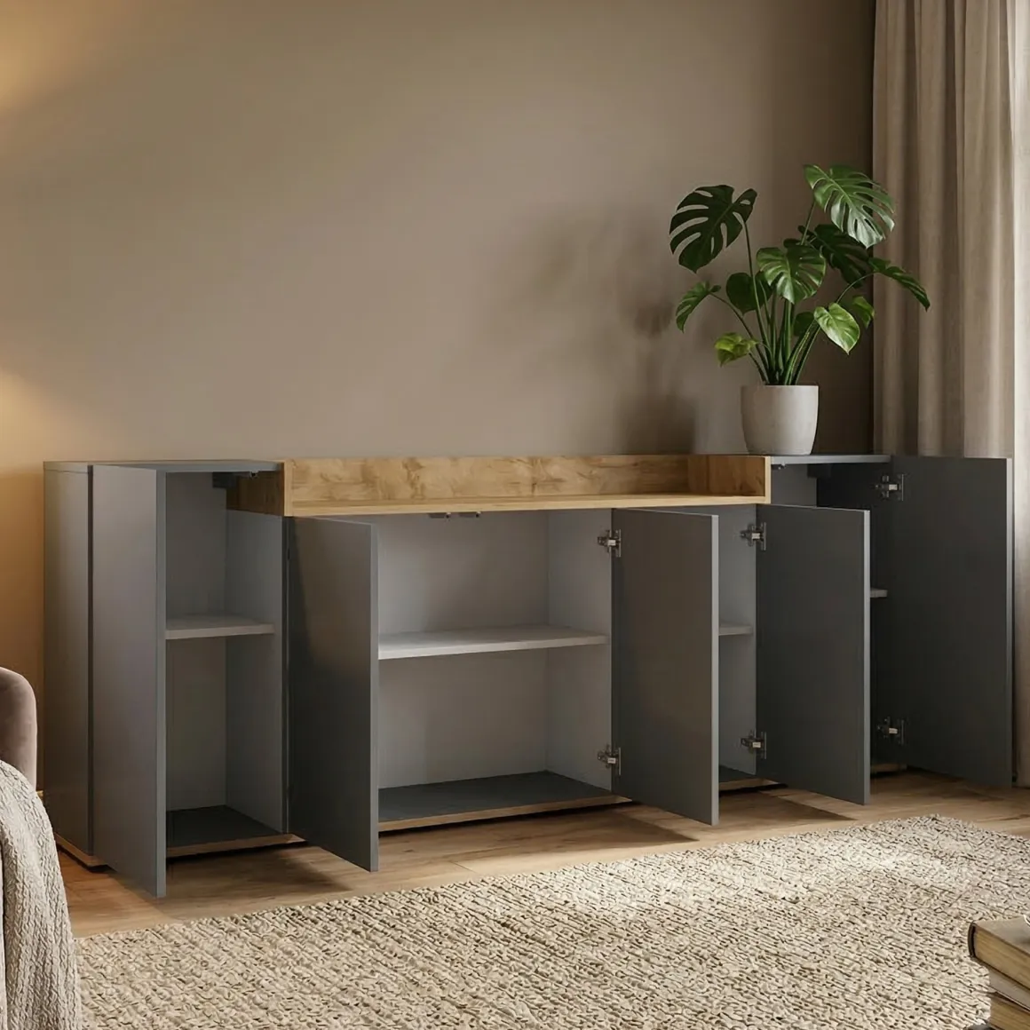 Credenza Nero Antracite Marrone Rovere 7 Ripiani Apertura Battente 200x35x70h cm, 5 Ante Made in Italy - Cordele