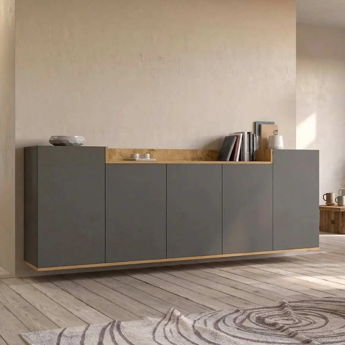 Credenza Nero Antracite Marrone Rovere 7 Ripiani Apertura Battente 200x35x70h cm, 5 Ante Made in Italy - Cordele