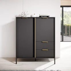 Credenza Nero Antracite oro 2 Cassetti 3 Ripiani 103x40x123h cm, Apertura Battente, Scorrevole - Hameno