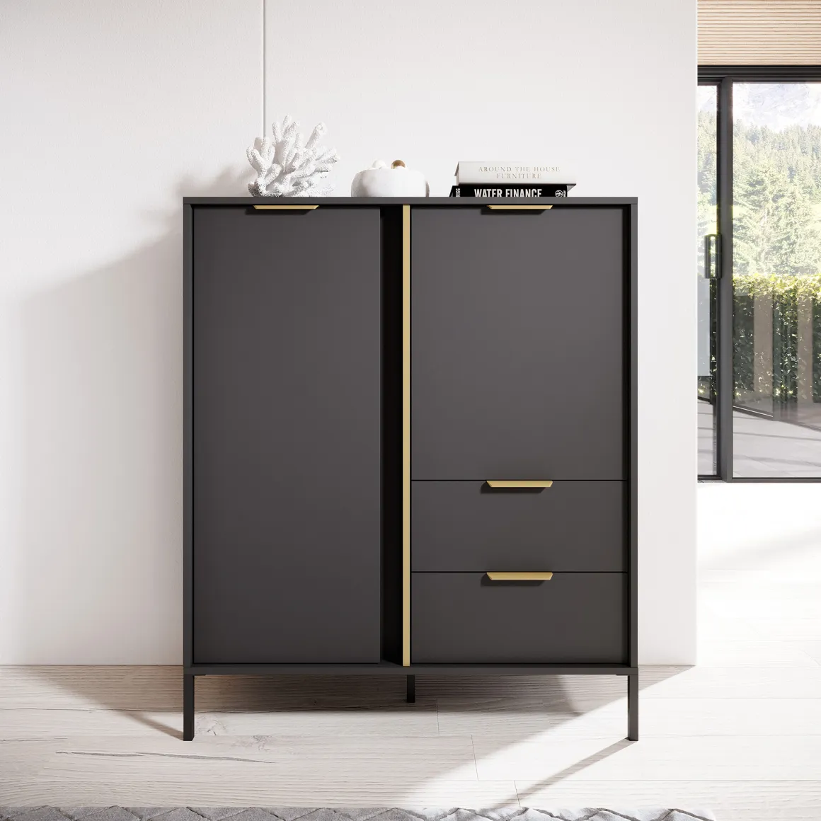 Credenza Nero Antracite oro 2 Cassetti 3 Ripiani 103x40x123h cm, Apertura Battente, Scorrevole - Hameno