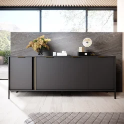 Credenze > Dmora Credenza Nero Antracite oro 4 Ripiani Apertura Battente 203x40x81h cm, 4 Ante - Hamebati Oro, Nero Antracite