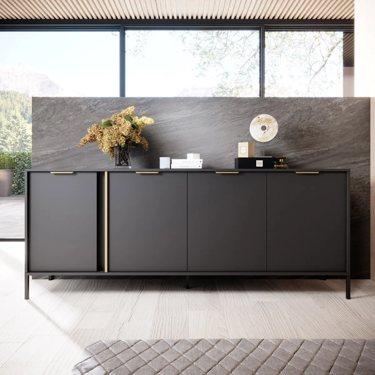 Credenze > Dmora Credenza Nero Antracite oro 4 Ripiani Apertura Battente 203x40x81h cm, 4 Ante - Hamebati Oro, Nero Antracite