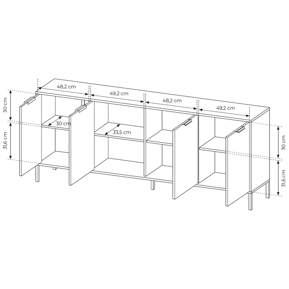 Credenze > Dmora Credenza Nero Antracite oro 4 Ripiani Apertura Battente 203x40x81h cm, 4 Ante - Hamebati Oro, Nero Antracite