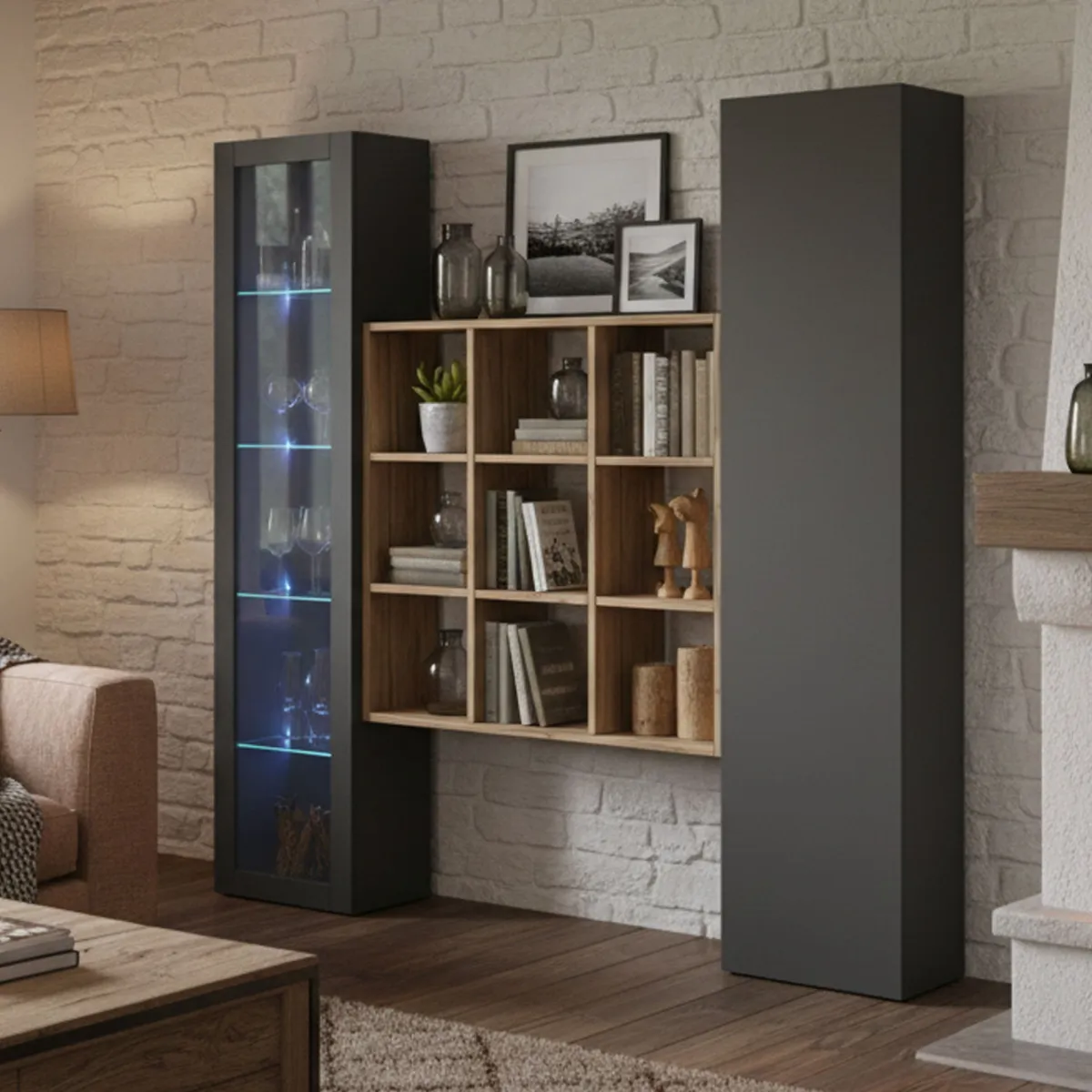 Madie|Credenze > Dmora Credenza 14 Ripiani 2 Ante 40x30x180h cm, 19 Vani - Colonno Nero Antracite